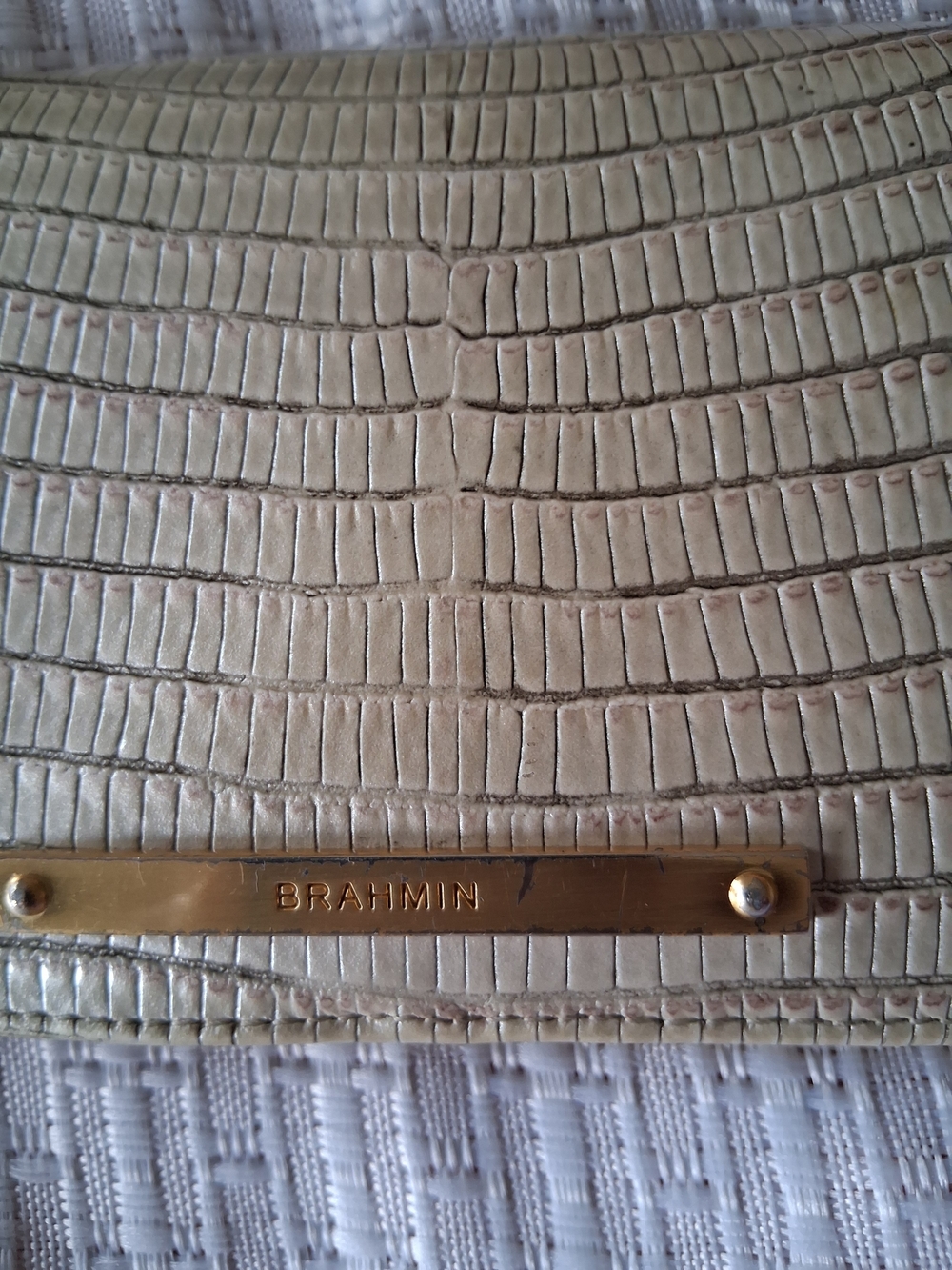 Brahmin Cream Croc-Embossed Leather Wallet with Gold Plaque